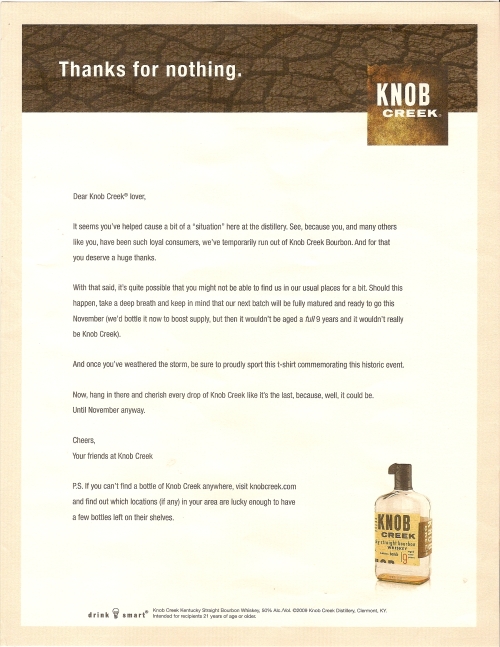Knob Creek "Thanks for nothing" letter